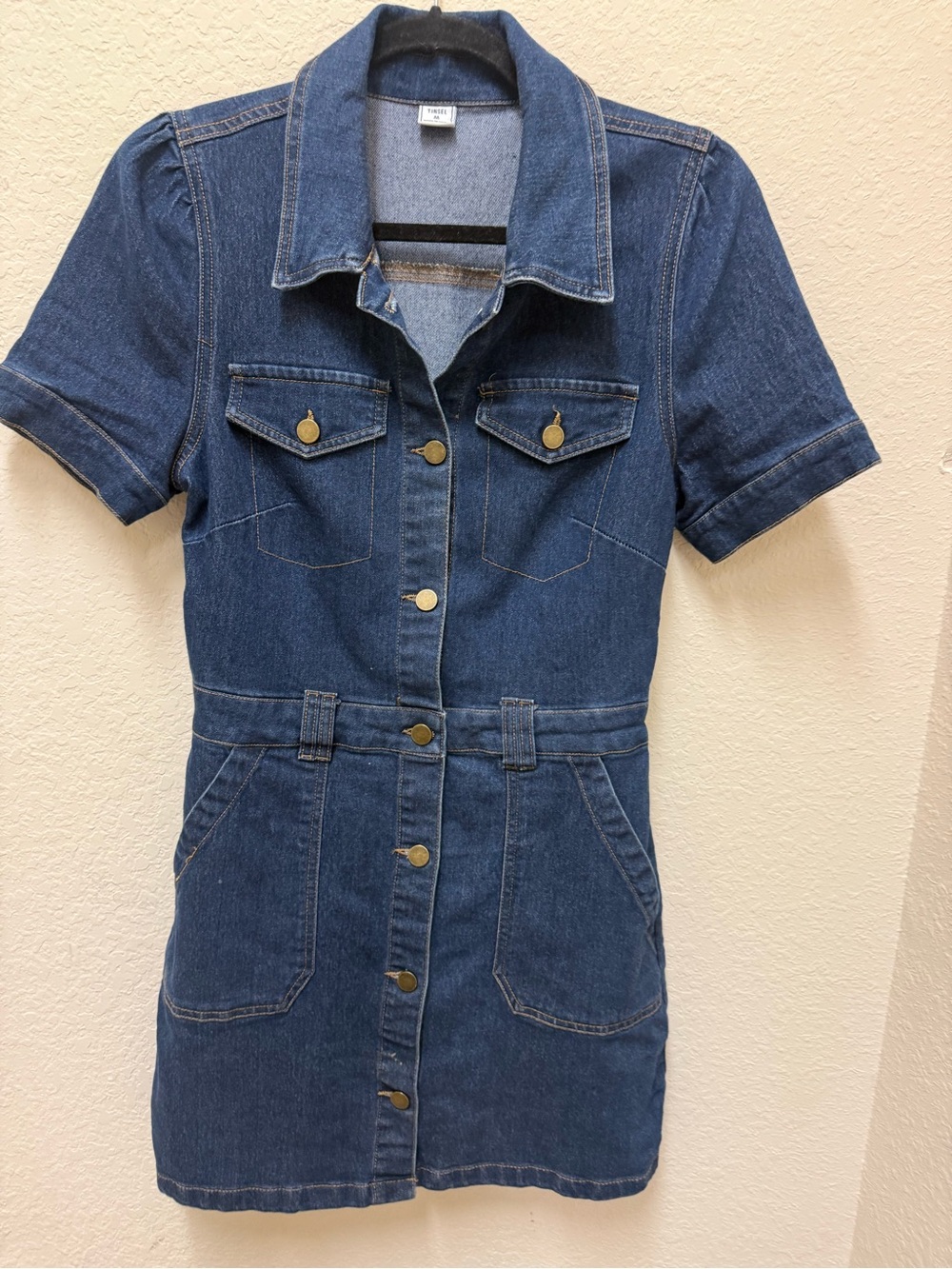 Tinsel Dark Blue Denim Button-Front Short Sleeve Dress